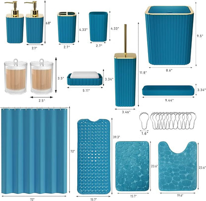 26PC Bathroom Accessories Set - Gorgeous Teal Bathroom Set, Bathroom Accessory Set, Shower Curtain Set with Bathtub Mats for Shower Tub,Trash Can & Soap Dispenser