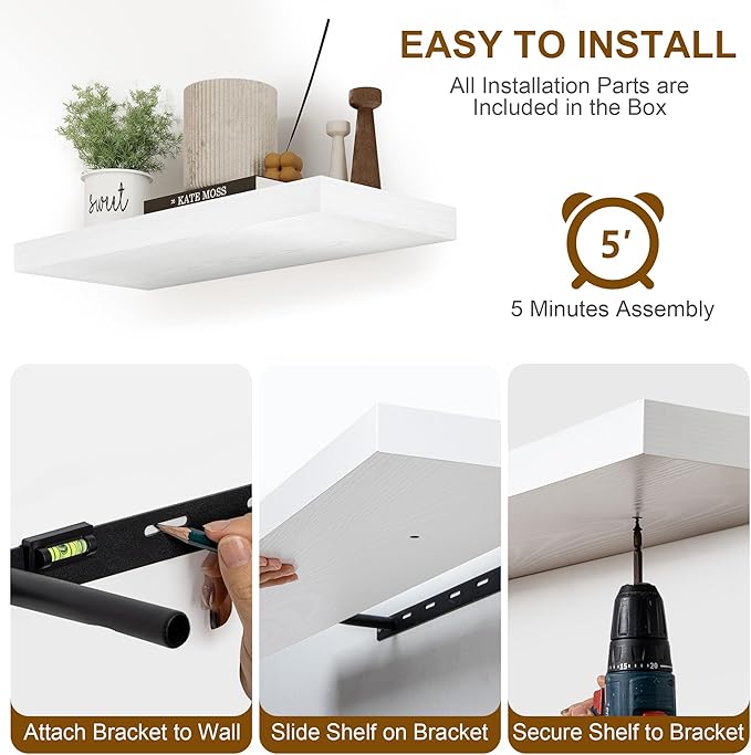 30 Inch Floating Shelves, Rustic Floating Wall Shelves 8 Inch Deep, 30 x 8 Floating Shelves for Home Decor, Deep Display & Storage Shelves for Kitchen, Bathroom, Living Room, White Color, Set of 2