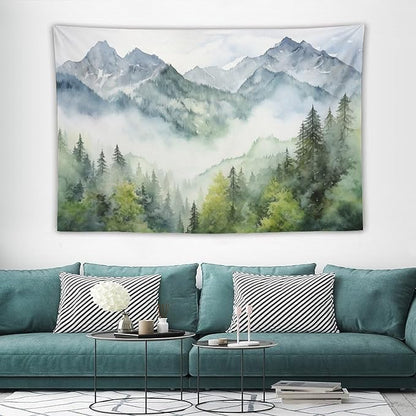 HZOHNAGO Mountain Tapestry Misty Green Forest Mountain Pattern Printed Wall Tapestry Wall Hanging for Bedroom Living Room Dorm 90" W x 60" H