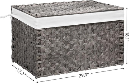Wicker Storage Basket with Lid, 42.3 Gallon (160L) Large Blanket Basket with Lid, Woven Storage Bin with Handles, Removable Liner, Metal Frame, Foldable, for Bedroom, Laundry Room, Grey