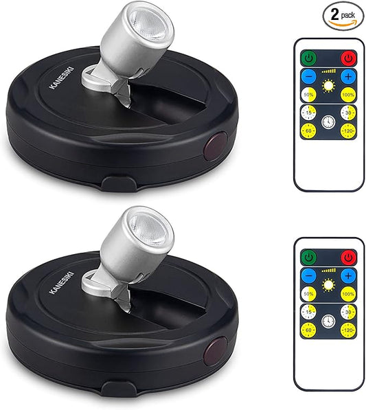 Wireless Spotlight Battery Operated, LED Picture Lights, Stick on Uplighting for Indoor Plant Tree Painting Artwork Portrait Photo Art, Dimmable Accent Puck Light with Remote, 2 Pack