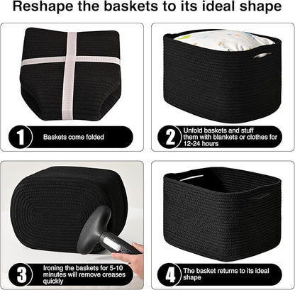 Black Storage Baskets for Shelves, Small Storage Baskets for Organizing, Woven Cotton Rope Baskets for Storage, Book Basket, Decorative Shelf Basket, 12.5"Lx9.1''Wx7.9''H (4 Packs) Black