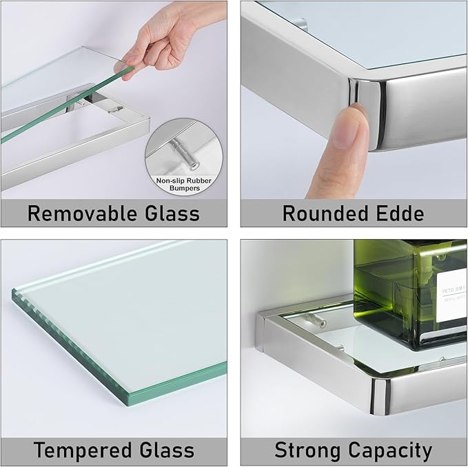 20IN Bathroom Shelves/Shelf Glass Wall Mount Floating Shelves for Bathroom Tempered Glass Rectangular 1 Tier Organizer Wall Shelf (Chrome Polished, 20'')