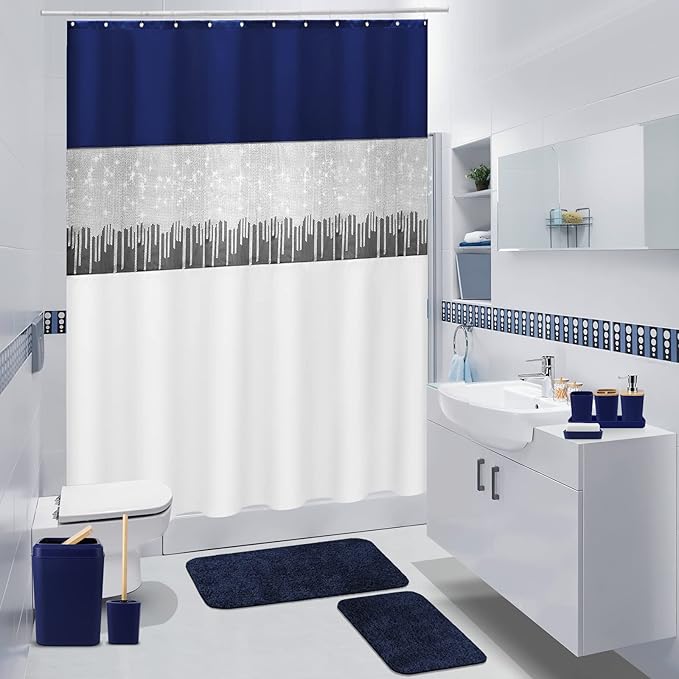 24PCS Bathroom Sets with Shower Curtain and Rugs, Navy Blue Bathroom Accessories Set Navy Blue Shower Curtain Set Bathroom Accessories with Bathroom Trash Can