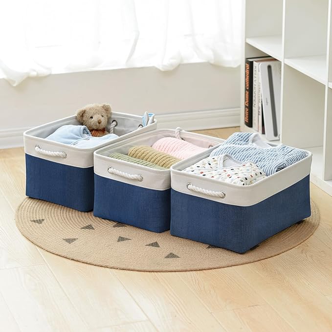 TcaFmac Organization and Storage Basket for Gifts Empty - 16x12x8 inch Large 4 Pack Collapsible Storage Box for Organizing, Fabric Storage Cubes for Cloth Toy Books Shelves(White & Jean Blue)