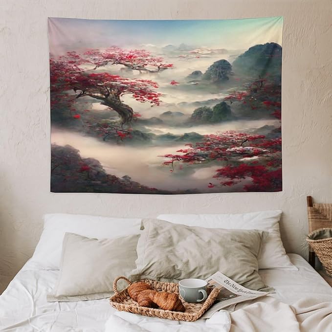 Houselerax Japanese Tapestry, Red Plum Cherry Blossom Mountain Tapestries, Asian Japanese Wall Decor, Nature Landscape Tapestries for Bedroom Living Room Decor 40"x30"