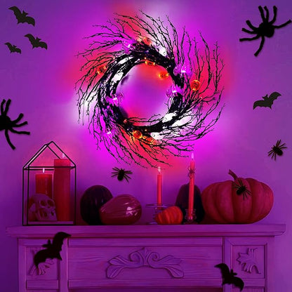 7 Ft 63 LED Halloween Willow Vine Twig Garland with 8 Modes Timer Orange Purple White Lights,7 Pumpkin Bat Ghost, Garland with Battery Operated for Wall Fireplace Halloween Decorations