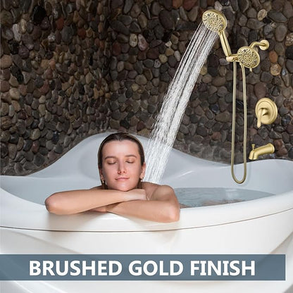 Aolemi Tub Shower Faucet Set with Tub Spout Rain Shower Head System Shower Trim Kit Pressure Rough-in Valve Included ABS 8 Setting Dual Shower Head and Handheld Spray Brushed Gold