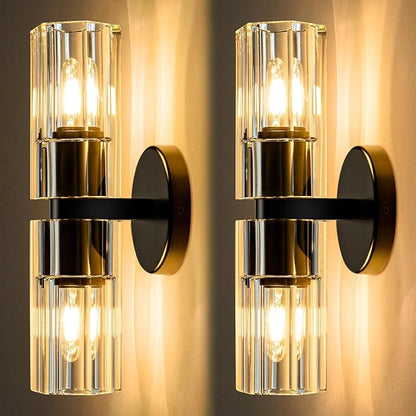 Black Crystal Wall Sconces Set of Two, Wall Sconce Set of 2, Black Sconces Wall Lighting with K9 Crystal Lampshade, Wall Lights for Bedroom Living Room Bathroom Hallway