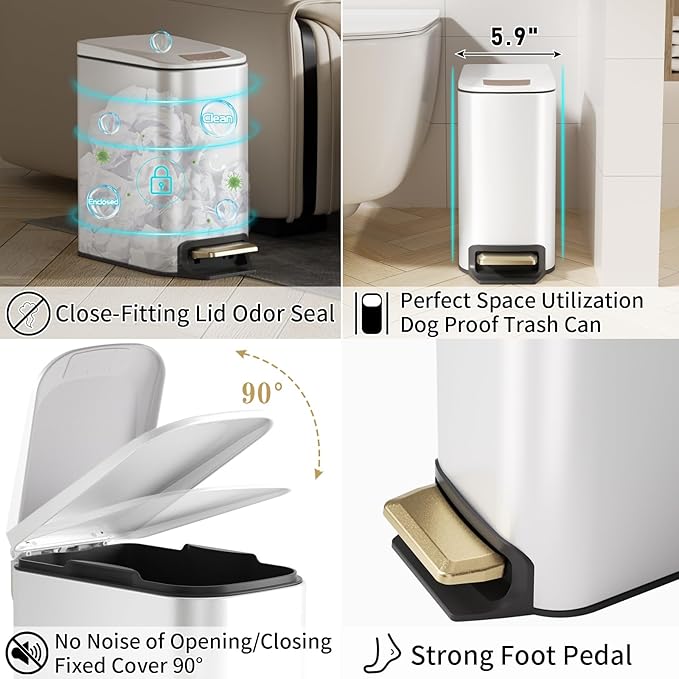 Bathroom Accessories Set- 8PC White Bathroom Set, Luxury Bathroom Set with Stainless Steel Bathroom Trash Can, Toilet Brush, Toothbrush Holder & Soap Dispenser