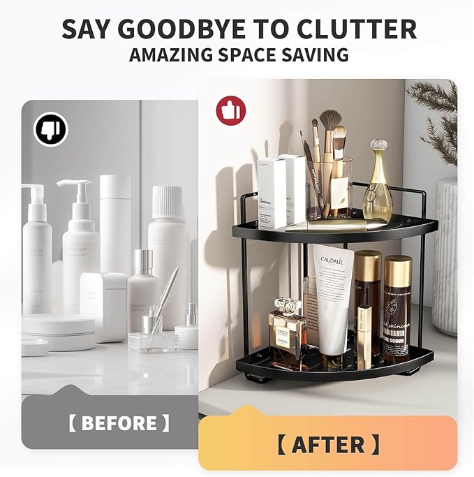 2-Tier Bathroom Counter Organizer, Corner Bathroom Organizer Countertop, Black Vanity Tray Counter Corner Shelf, Corner Organizer for Skincare Makeup Kitchen Storage, 8.2''L x 8.2''W x 11.2''H