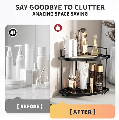 2-Tier Bathroom Counter Organizer, Corner Bathroom Organizer Countertop, Black Vanity Tray Counter Corner Shelf, Corner Organizer for Skincare Makeup Kitchen Storage, 8.2''L x 8.2''W x 11.2''H