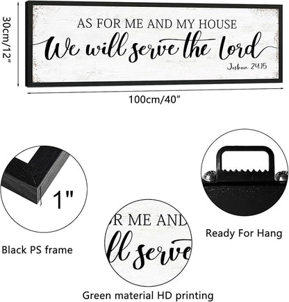 As for Me and My House We Will Serve the Lord Sign: Rustic Family Bedroom Signs Wall Decor Above Bed,Framed Country Wall Plaque Hanging Farmhouse Bible Verse Sign Christian Art Gifts 12" x 40"