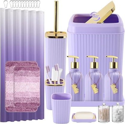32PCS Bathroom Set Bathroom Sets with Shower Curtain and Rugs Purple Bathroom Accessories,Shower Curtain Set,Bathroom Rug Set with Bathroom Trash Can