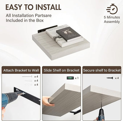 12 Inch Floating Shelves, 12" Deep Floating Shelf Wall Mounted, 12" Wall Shelves, Rustic Deep Bookshelf, Extra Deeper Display Shelves & Storage Shelves for Bedroom, Living Room, Set of 3