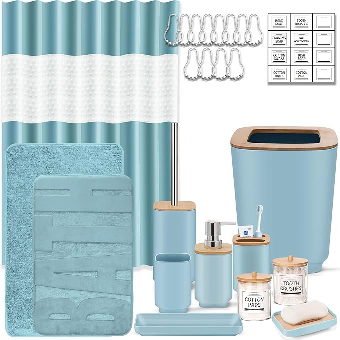 Bathroom Accessories Set,Blue Bathroom Set,24 Pieces Bathroom Accessory Set with Shower Curtain,Trash Can for Bathroom Accessories Décor and Home Gifts