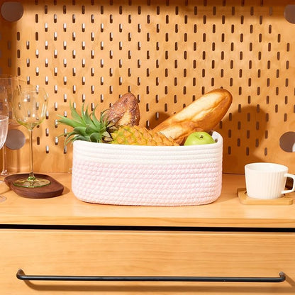 Small Storage Baskets for Organizing | Closet Organizer Bins | Shelf Toy Basket | Woven Rope Baskets | Cube Decorative Box | Shallow Basket | 11.5x7.5x4.7” | 4 Packs White Pink