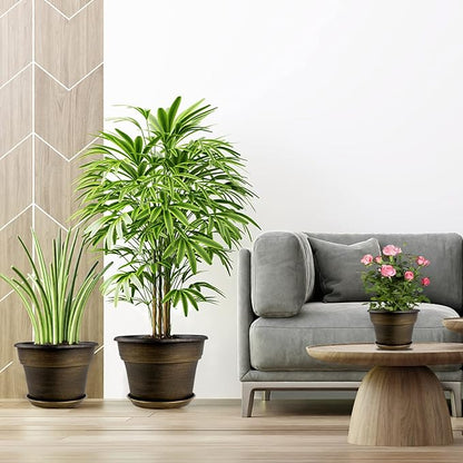 Plant Planters Pots Set of 4 Pack 11 Inch, Plastic Flower Pot for Indoor Plants with Drainage Holes & Trays, Resin Decorative Container Sets with Saucer for House Outdoor Garden Planters Dark Gold