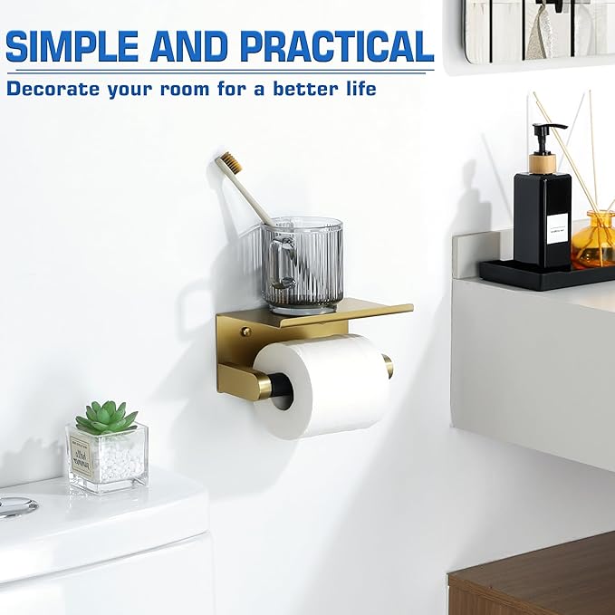 Alise Toilet Paper Holder Adhesive Toilet Paper Roll Holder SUS304 Stainless Steel Toilet Paper Holder with Shelf Spring Loaded Tissue Holder Wall Mount(Adhesive or Screw),Gold and Black Finish