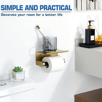 Alise Toilet Paper Holder Adhesive Toilet Paper Roll Holder SUS304 Stainless Steel Toilet Paper Holder with Shelf Spring Loaded Tissue Holder Wall Mount(Adhesive or Screw),Gold and Black Finish