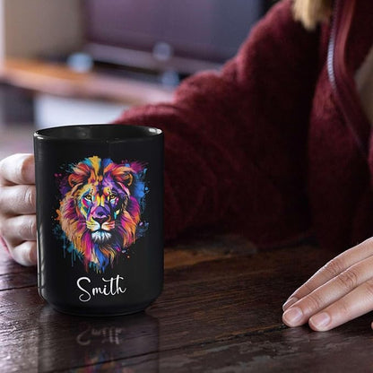 Personalized Lion Black Mug, Gift For Son Grandson, Custom Lion Coffee Cup With Name, Customized Colorful Animal Design Mug, Unique Animal Lover Cup 11oz 15oz