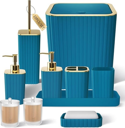 Bathroom Accessories Set - Gorgeous Bathroom Set, 10PC Teal Bathroom Accessory Set, Toilet Brush, Trash Can, Qtip Holder Dispenser & Soap Dispenser