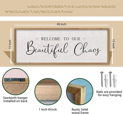 comurdyo Welcome To Our Beautiful Chaos Wall Decor Art 40"X15" for Home Entryway Sign Large Wood Framed Wall Hanging (Wood)