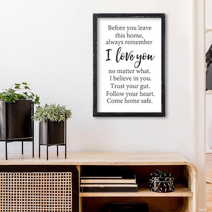 Before You Leave This Home Sign Wall Decor 16x11 Inch I Love You Inspirational Entryway Wood Framed Wall Hang Art (Black)