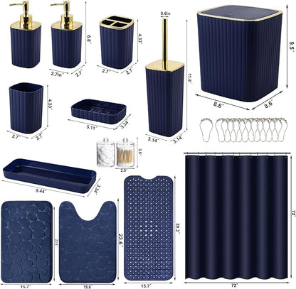 26PC Bathroom Accessories Set - Gorgeous Blue Bathroom Set, Bathroom Accessory Set, Navy Blue Shower Curtain Set with Bathtub Mats for Shower Tub