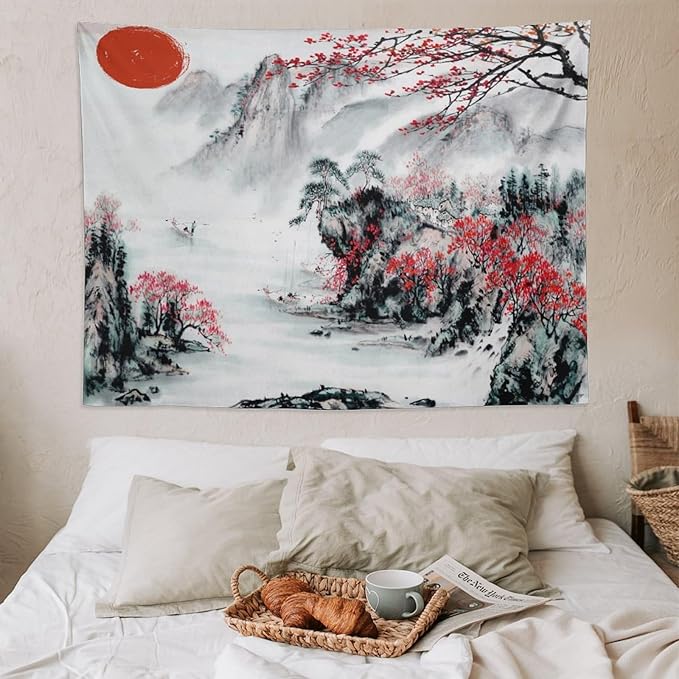 Cherry Blossoms Tapestry,Japanese Red Landscape Asian Watercolor Abstract Art Tapestry, Asian Japanese Wall Tapestry, Nature Landscape Tapestries for Bedroom Living Room Decor 80"x60"