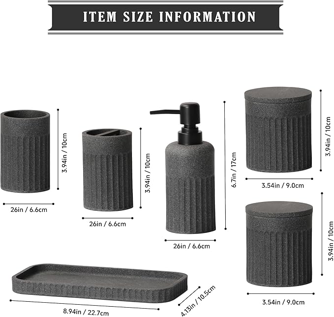 Bathroom Accessory Set - 6 Pieces Bathroom Accessories Set Complete with Soap Dispenser, Toothbrush Holders, Tumbler, Vanity Tray and 2 Qtip Holder for Home Organizer and Decor, Dark Grey