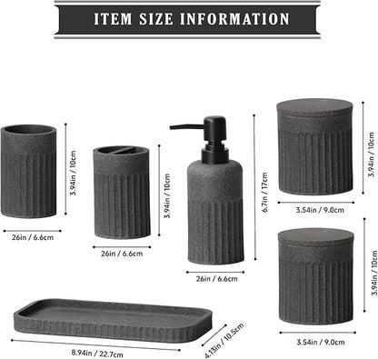 Bathroom Accessory Set - 6 Pieces Bathroom Accessories Set Complete with Soap Dispenser, Toothbrush Holders, Tumbler, Vanity Tray and 2 Qtip Holder for Home Organizer and Decor, Dark Grey