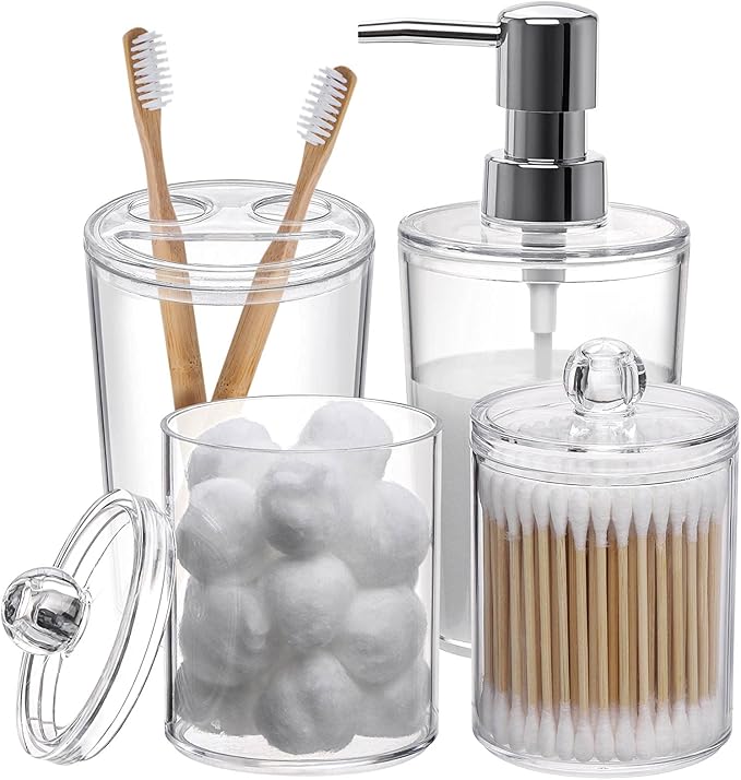 Plastic Clear Bathroom Accessories Set Complete 4 Pcs - Soap Dispenser, 2 Qtip Holder Jars and Toothbrush Holder, Counter Decor