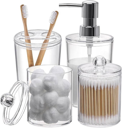Plastic Clear Bathroom Accessories Set Complete 4 Pcs - Soap Dispenser, 2 Qtip Holder Jars and Toothbrush Holder, Counter Decor