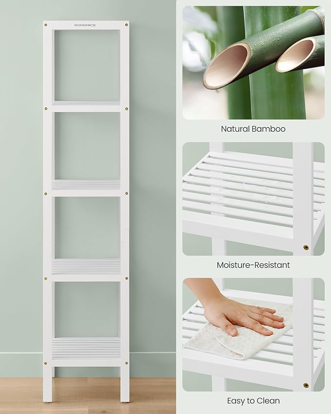 SONGMICS Bamboo Storage Shelf, 5-Tier Shelving Unit, Multifunctional, in The Entryway, Bathroom, Living Room, Balcony, Kitchen, 13 x 13 x 57.5 Inches, Cloud White UBCB055W01