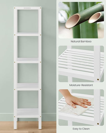 SONGMICS Bamboo Storage Shelf, 5-Tier Shelving Unit, Multifunctional, in The Entryway, Bathroom, Living Room, Balcony, Kitchen, 13 x 13 x 57.5 Inches, Cloud White UBCB055W01
