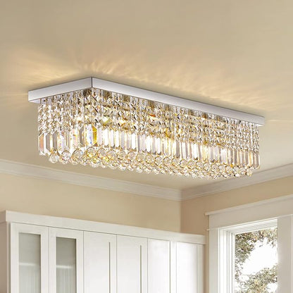 Siljoy Modern Crystal Chandelier 6-Lights Rectangular Flush Mount Pendant Ceiling Light Fixture Rectangle K9 Crystal Raindrop Chandelier for Dining Living Room Kitchen Island L31.5'' x W10'' x H10'