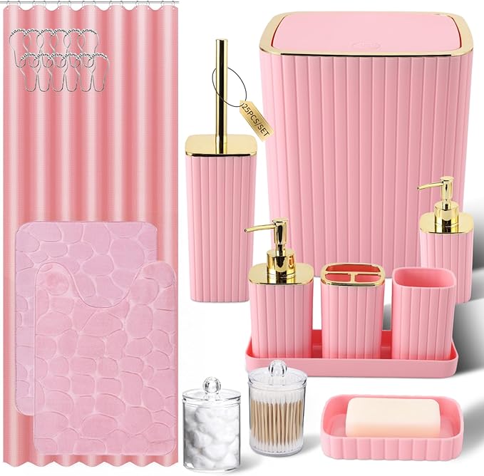 Pink Bathroom Set with Shower Curtain and Rugs- 25PC Bathroom Accessory Set, Pink Shower Curtain Set, Toilet Brush, Trash Can, Qtip Holder Dispenser & Soap Dispenser