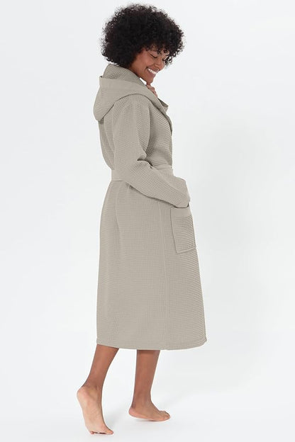 Women’s Luxury Waffle Shawl Collar, Hooded Robe w Piping – Lightweight, Long, Ultra Soft Spa Sleepwear Bathrobe