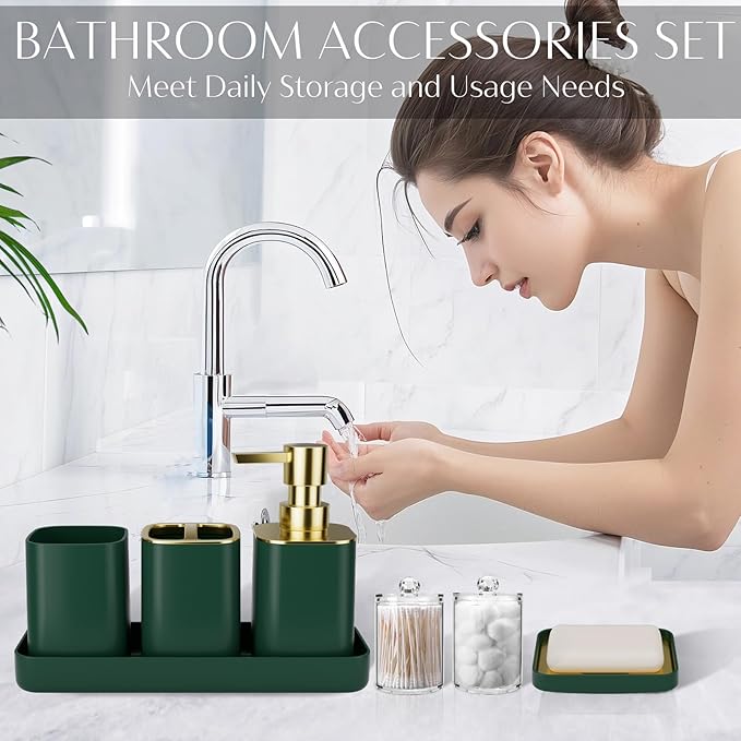 9PCS Bathroom Accessory Set, Dark Green Bathroom Set with Large-Capacity 4 Gallon Trash Can, Bathroom Accessories Set Complete, Toothbrush Holder, Soap Dispenser, Toilet Brush, Bathroom Decor