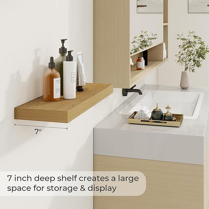 24 inch Floating Shelves Long Floating Shelves for Wall Large Wall Mounted Shelves with Invisible Brackets, Oak Shelves for Bathroom, Living Room, Kitchen, Office, 24x6.7 inch deep Set of 2