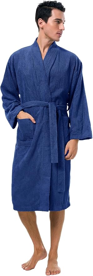 SIORO Mens Robe Terry Cloth Kimono Bathrobe Cotton Soft Shower Towel Bath Robes Calf Length Housecoat for Spa Hotel Hot Tub