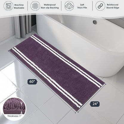 PURRUGS Bathroom Rug Non-Slip Machine Washable 24" x 60", Super Absorbent and Quick Dry Shaggy Microfiber Bath Mat, Extra Soft and Plush Bath Rug for Bathtub, Shower and Sink, Purple