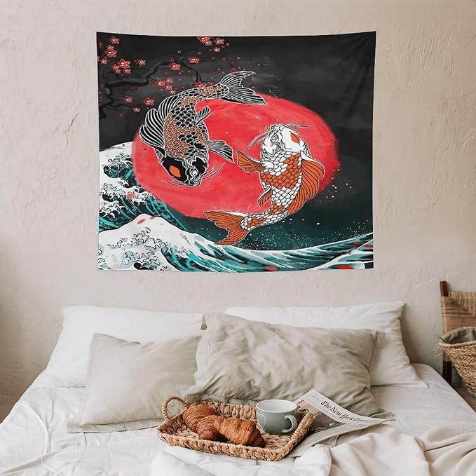 Houselerax Koi Fish Tapestries,Japanese Style Yin Yang Big Wave Cherry Blossoms Tapestry Wall Hanging for Bedroom Living Room Office Decor 60"x50"
