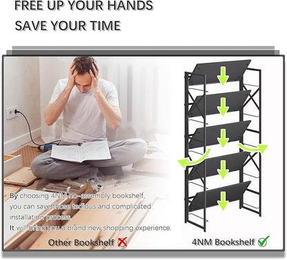 4NM 5 Tiers No Assembly Book Shelves, 51.2" H Folding Bookshelf Bookcase Open Industrial Foldable Shelves for Bedroom, Living Room, Home Office - All Black