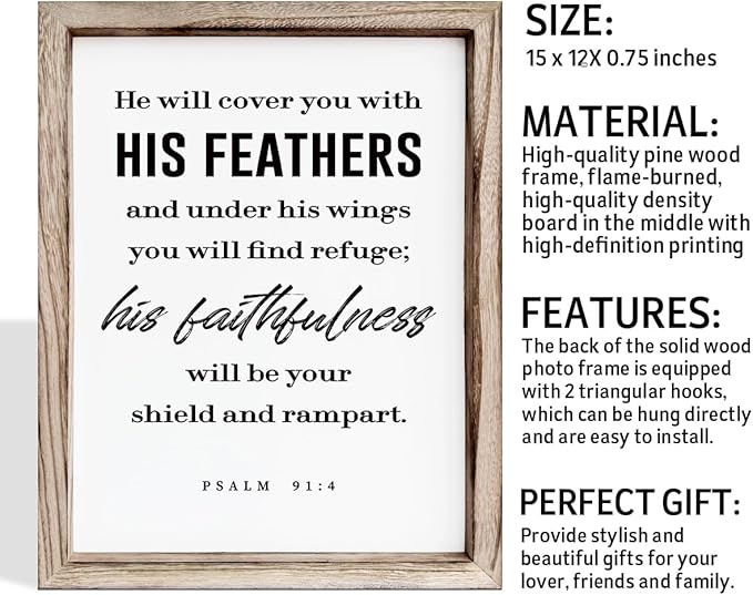 Christian Decor Signs, Framed Wall Plaque Sign 15 * 11.5 inches, Religious Home Decor, Inspirational Christian Gift for Him, He will Cover You with His Feathers Sign