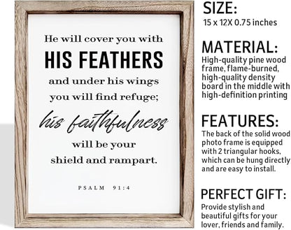 Christian Decor Signs, Framed Wall Plaque Sign 15 * 11.5 inches, Religious Home Decor, Inspirational Christian Gift for Him, He will Cover You with His Feathers Sign