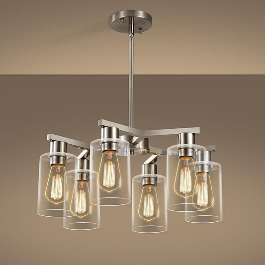 6-Light Modern Farmhouse Brushed Nickel Chandelier, Dining Room Light Fixture Over Table Adjustable Height Hanging Industrial Pendant Lights Kitchen Island, Clear Glass Shade