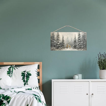 Winter Pine Tree Deer Wooden Sign, 12x6 inches, Rustic Wall Decor for Home, Office or Gifting