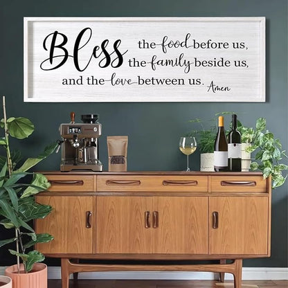 Bless the Food Before Us, the Family Beside Us, and the Love between us Framed Wall Art for Dining Room, 40''×15'' Holy Positive Religious Rustic Bible Verse for Christian God Jesus Christ Prayer